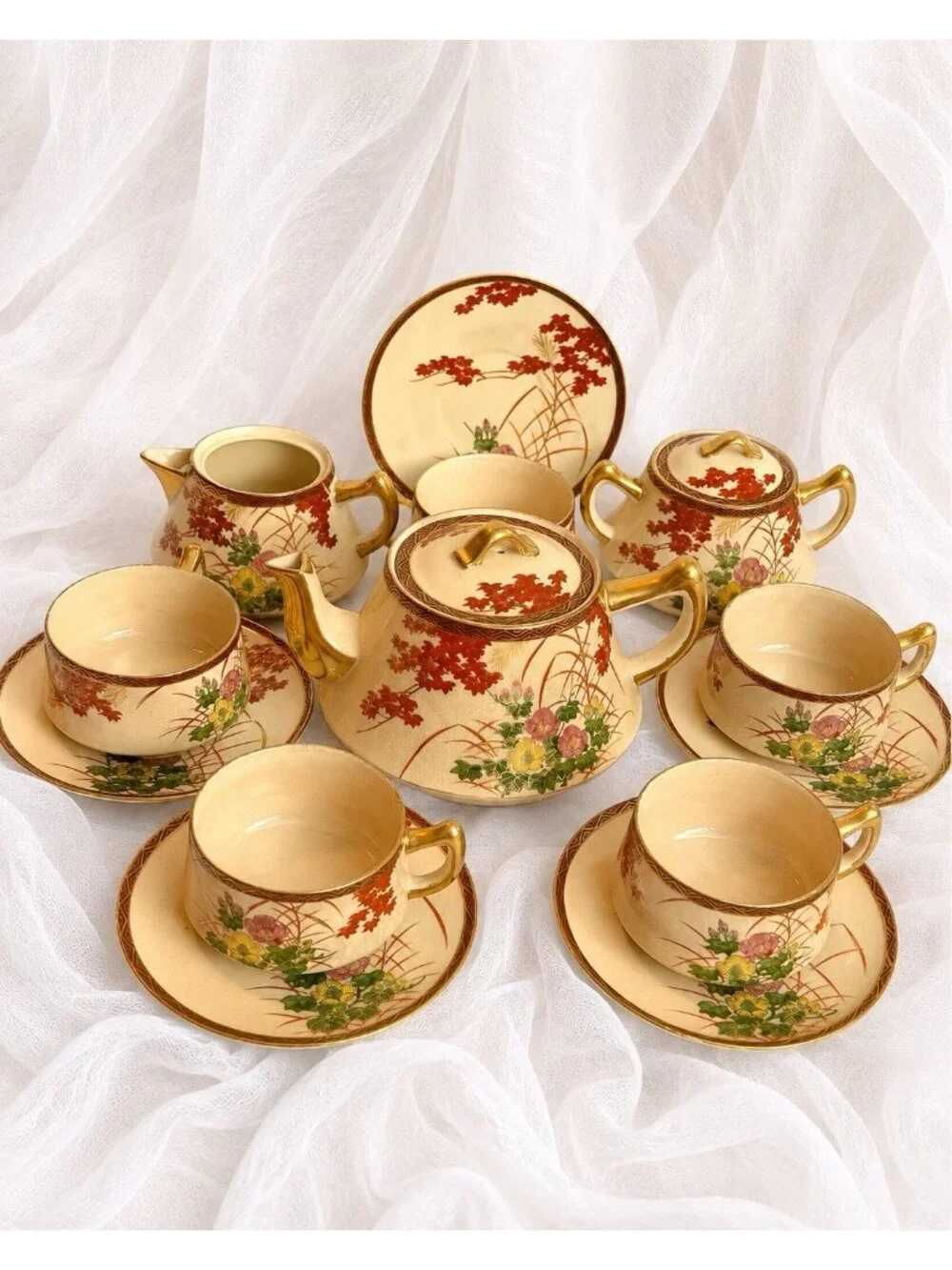 Vintage Kutani Japan Tea Set 13 Pc Autumn Maple Crackle Glaze Gold Trim Teapot